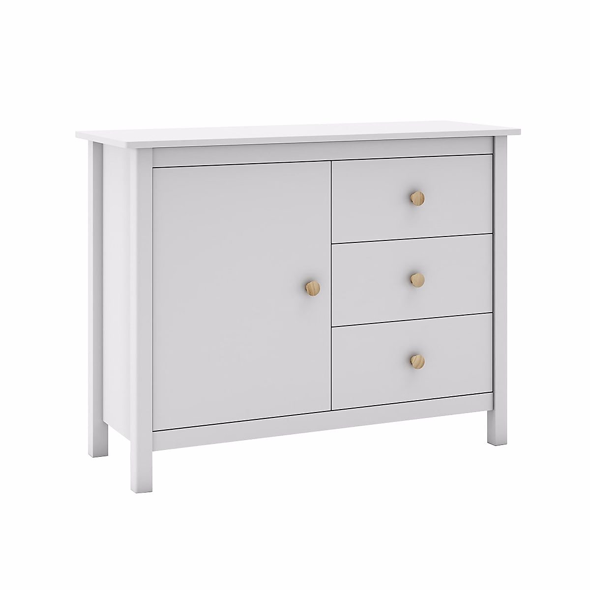 DAVA – Meuble de Rangement 1 Porte 3 Tiroirs en Pin Massif Blanc