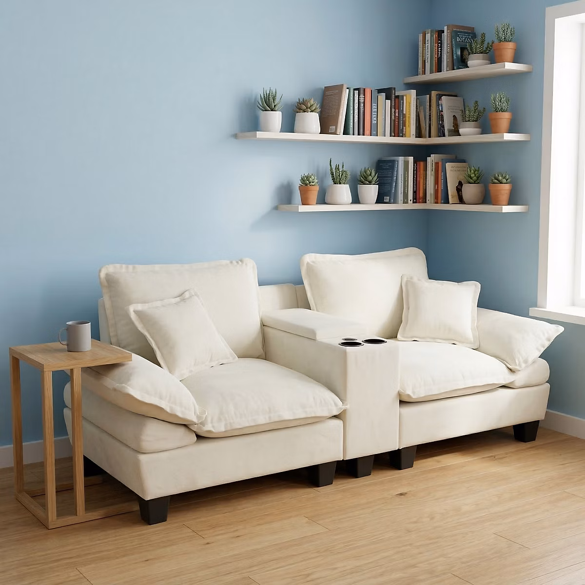 Canapé modulable Chenille – 2 places, design bateau à voile, 2 coussins, USB, porte-verres & rangement, beige