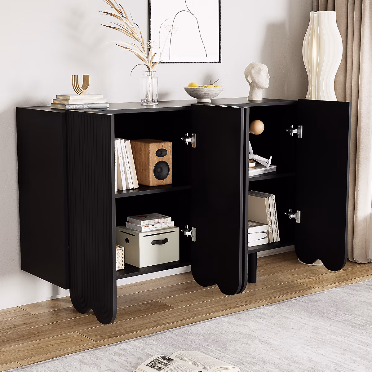 Buffet Moderne Goutte d'Eau 4 Portes Sculptées – design Contemporain aux Lignes Arrondies, 120 × 37,5 × 80,8 cm, Noir