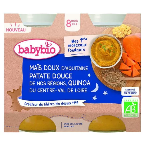Petits pots pour bébé dès 8 mois maïs, patate douce et quinoa avec des morceaux Babybio Bonne nuit Mes 1ers morceaux fondants – 2 x 200 g