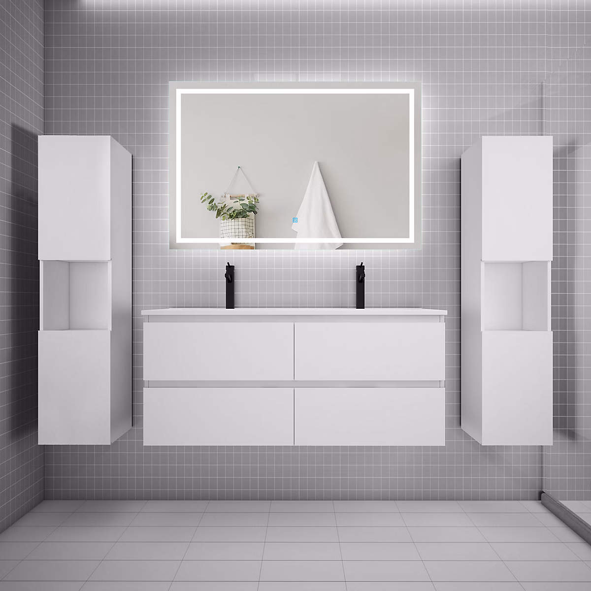 Ensemble meuble double vasque L.120cm + lavabo + LED miroir + 2 colonne – blanc