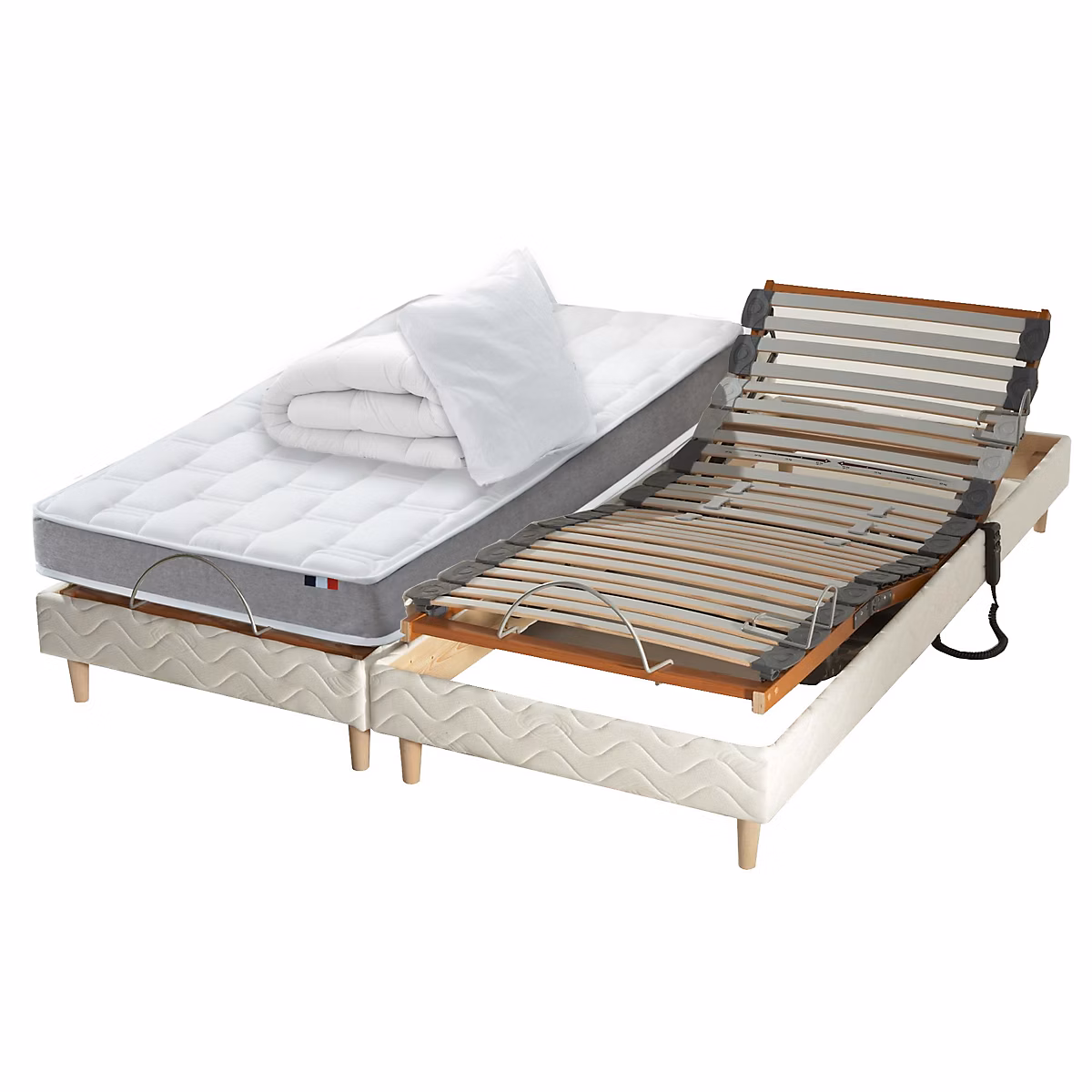 Ensemble relaxation mémoire de forme + couette + oreillers + sommier – 2 × 80 × 200 cm