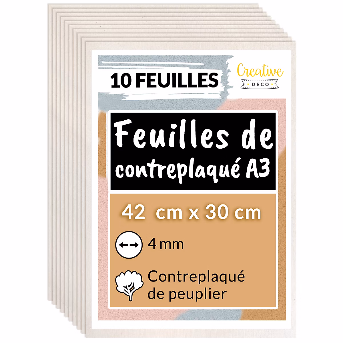 Creative Deco 10 x A3 Contreplaqué 420 × 300 × 4mm (+/-0 – 5mm), Bois Brut Peuplier, Panneau Découpe Laser, Pyrogravure Gravure