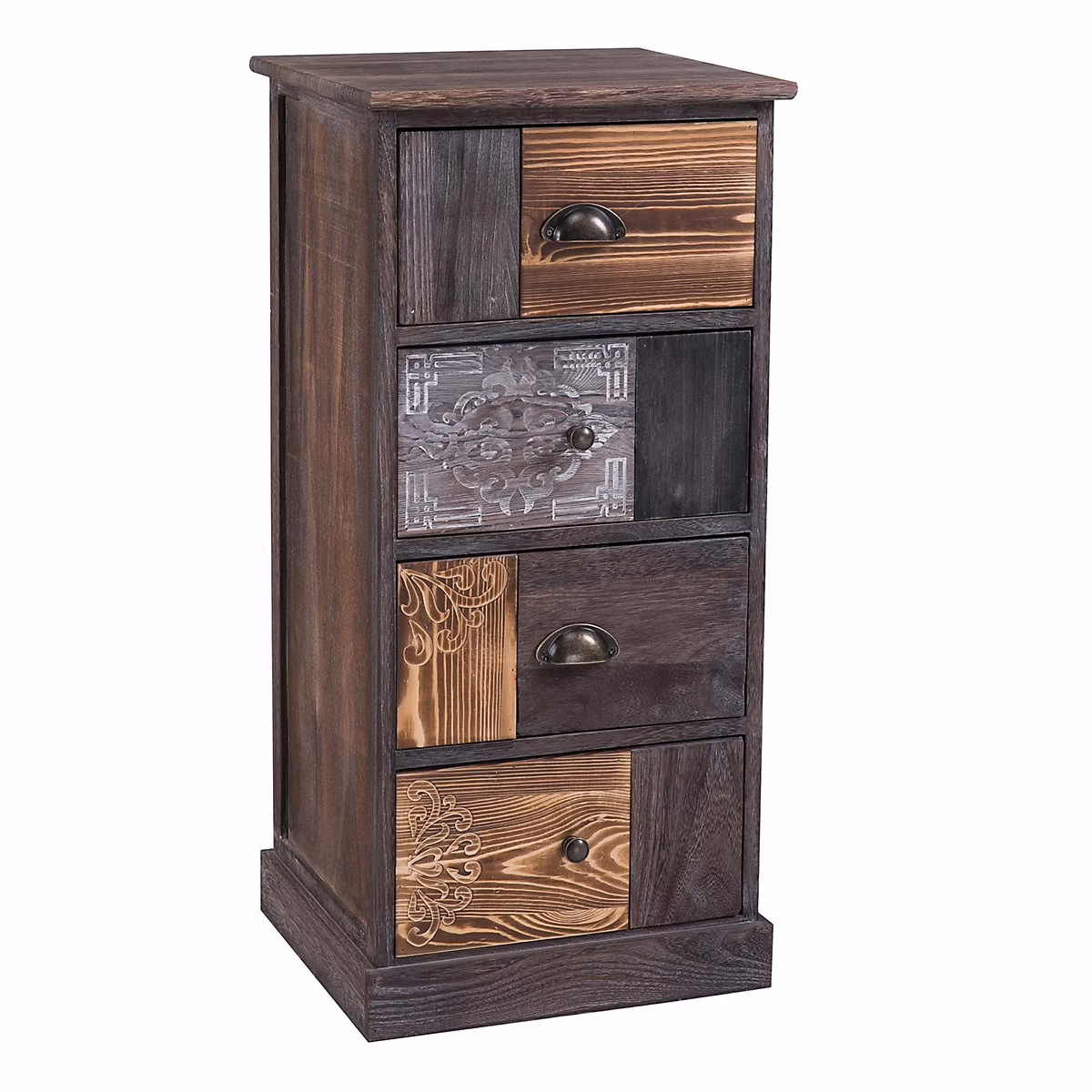 Chiffonnier MARA avec 4 tiroirs – commode en bois de paulownia style vintage ethnique bohême avec gravures