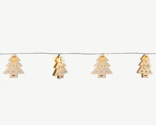 Guirlande lumineuse avec sapins en bois à 10 LED ambre et câble argent sur piles - 1,80 m