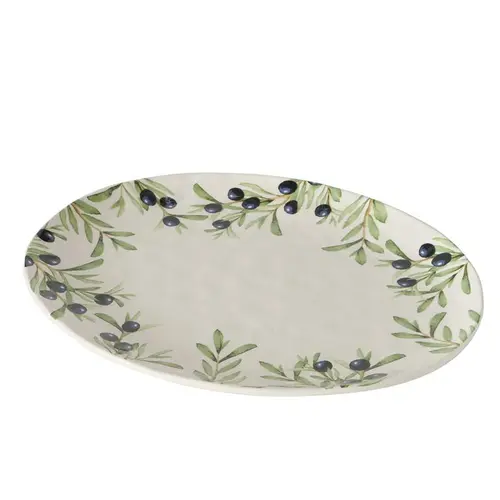 Plat en poterie blanc à motif noir et vert Olivia - 39 x 31 x 3 cm