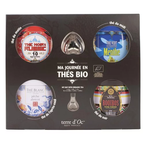 Coffret 4 thés de la journée bio et cuillère filtre à thé en métal Terre d'Oc - 373 g