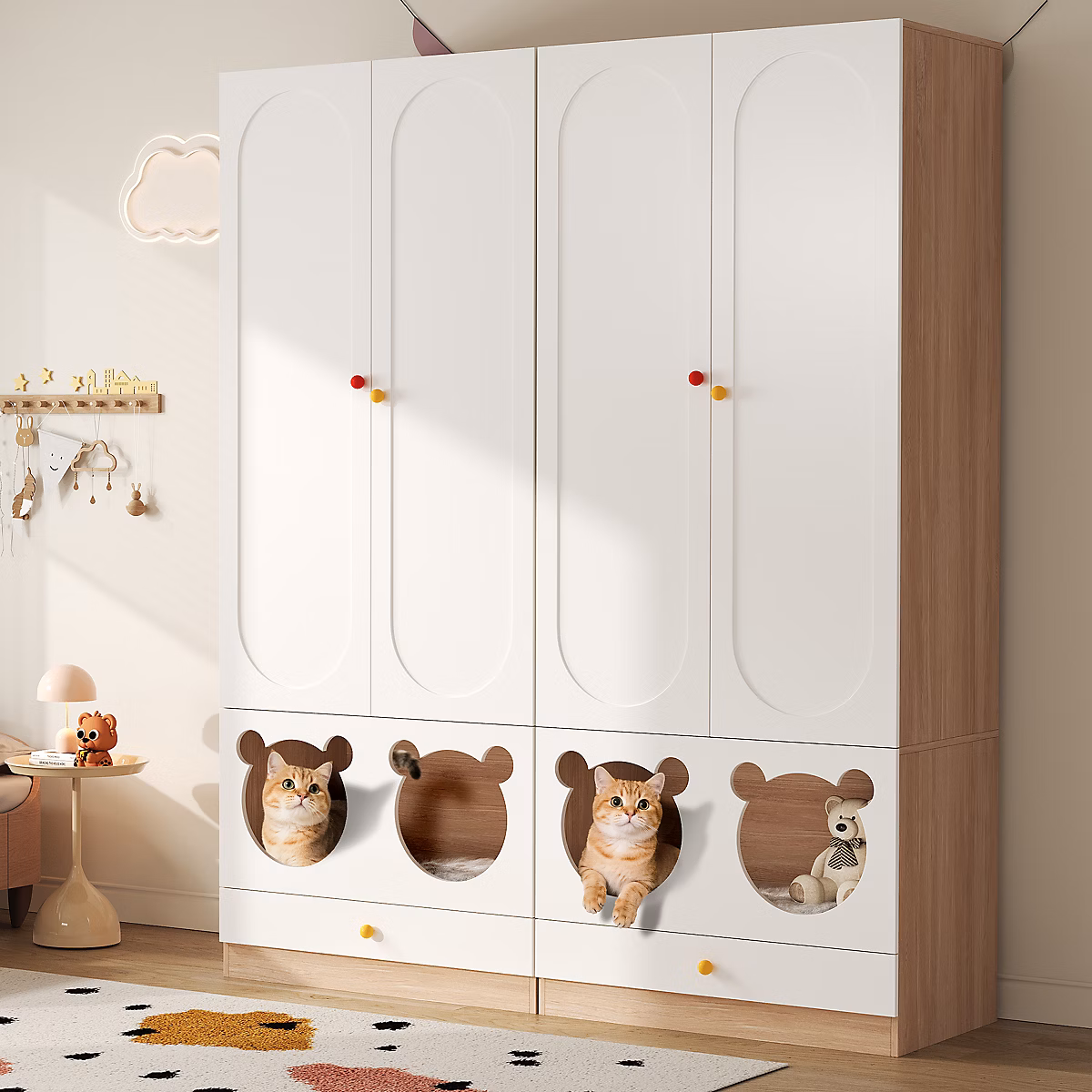 Armoire Enfant – Tringle et Niche Chat avec Poignées en Céramique | Meuble Chambre Pratique | MDF | Blanc et Bois | 80 × 50 × 200 cm