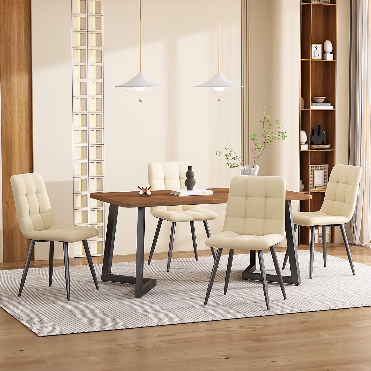 Ensemble table et chaises 117 × 68 × 75 cm avec 4 chaises en velours – plateau MDF noyer et pieds métal