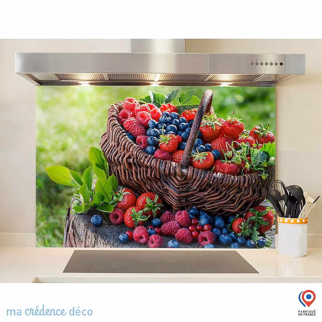 Crédence cuisine fond de hotte fruits et panier | Verre trempé – L 90 cm x H 50 cm – MaCrédenceDéco