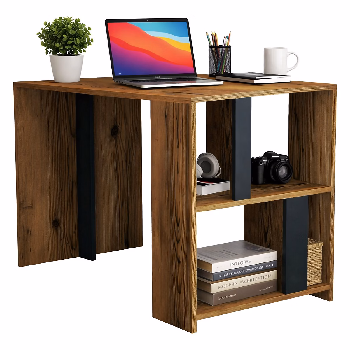 Bureau Schedar – Pupitre polyvalent, Table de bureau pour PC, Plan de travail, 120 × 60h75 cm, Noyer et Anthracite