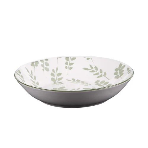Assiette calotte en porcelaine blanche avec motifs printaniers verts Episia - Ø 20 cm