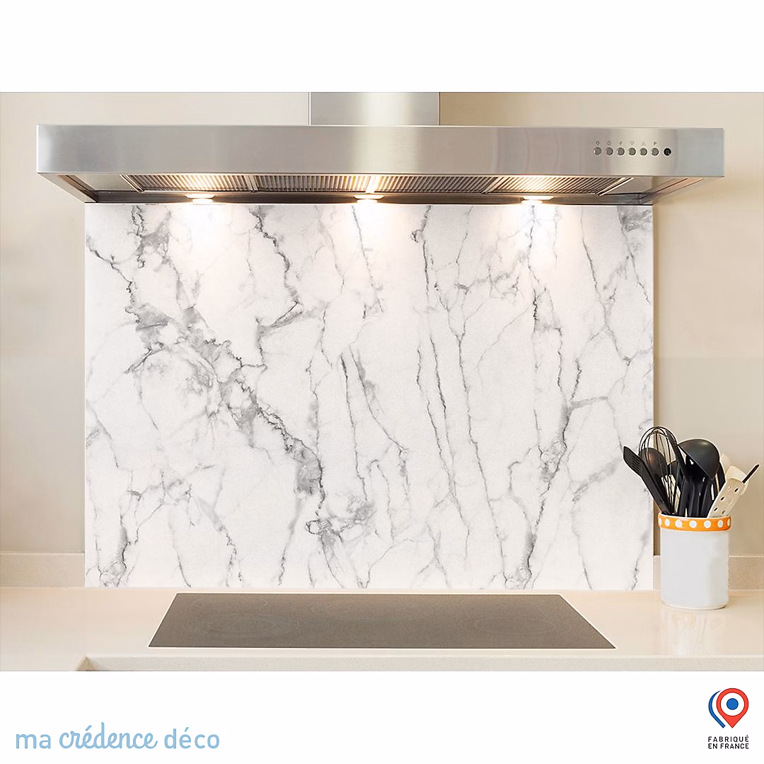 Crédence cuisine fond de hotte Marbre blanc Modena – Verre trempé, L 90 cm x H 70 cm, MaCrédenceDéco