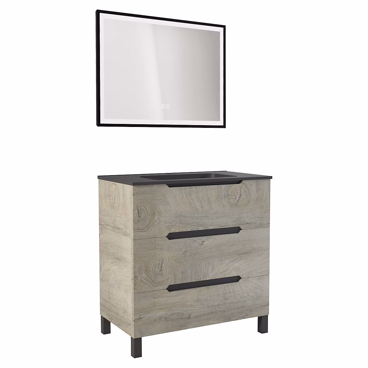 Meuble sous vasque à poser 80 cm effet bois nordique avec plan vasque noir et miroir LED – Ondee Alaska