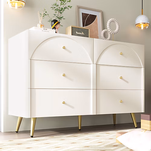 Commode avec 6 tiroirs – pieds dorés | en Panneaux de particules | Blanc