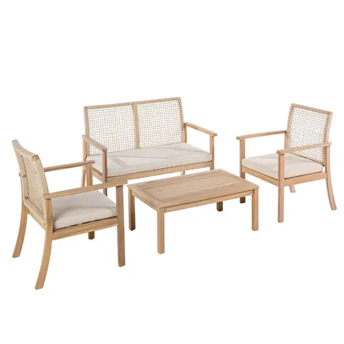 Salon de jardin en bois et corde coloris beige Séquoïa - 4 éléments (canapé, table basse et deux fauteuils)