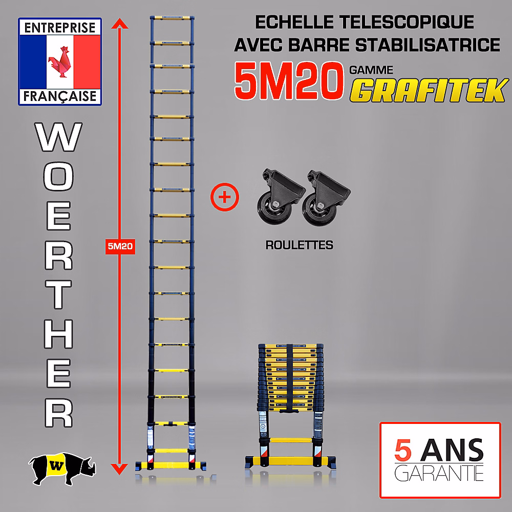 Echelle télescopique Woerther 5m20 avec barre stabilisatrice + Roulettes | Echelle