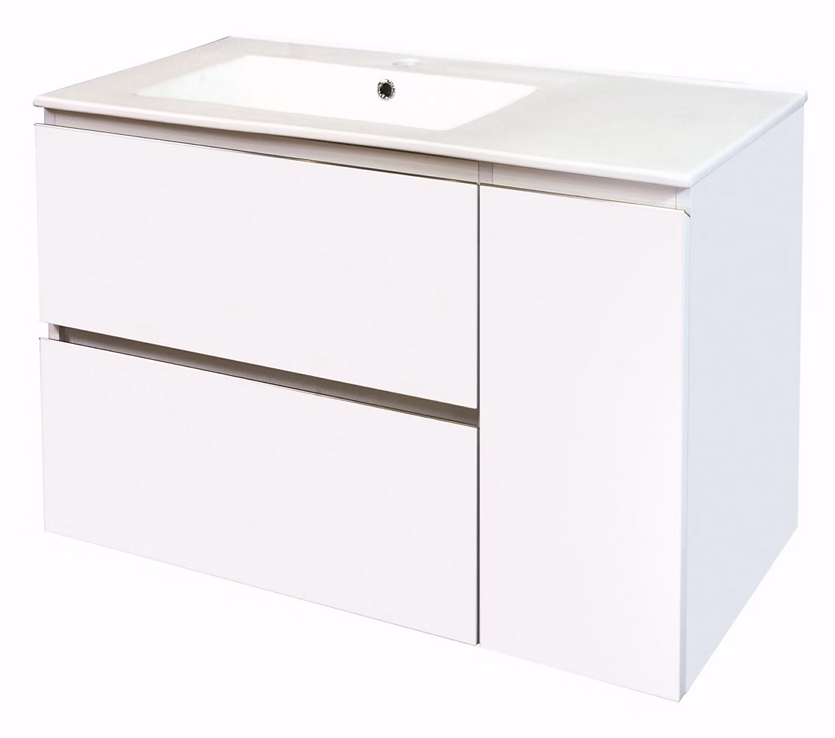 Meuble sous vasque à suspendre 2 tiroirs 1 porte l.91 – 5 cm avec plan vasque céramique, blanc mat, Ondee Trendy