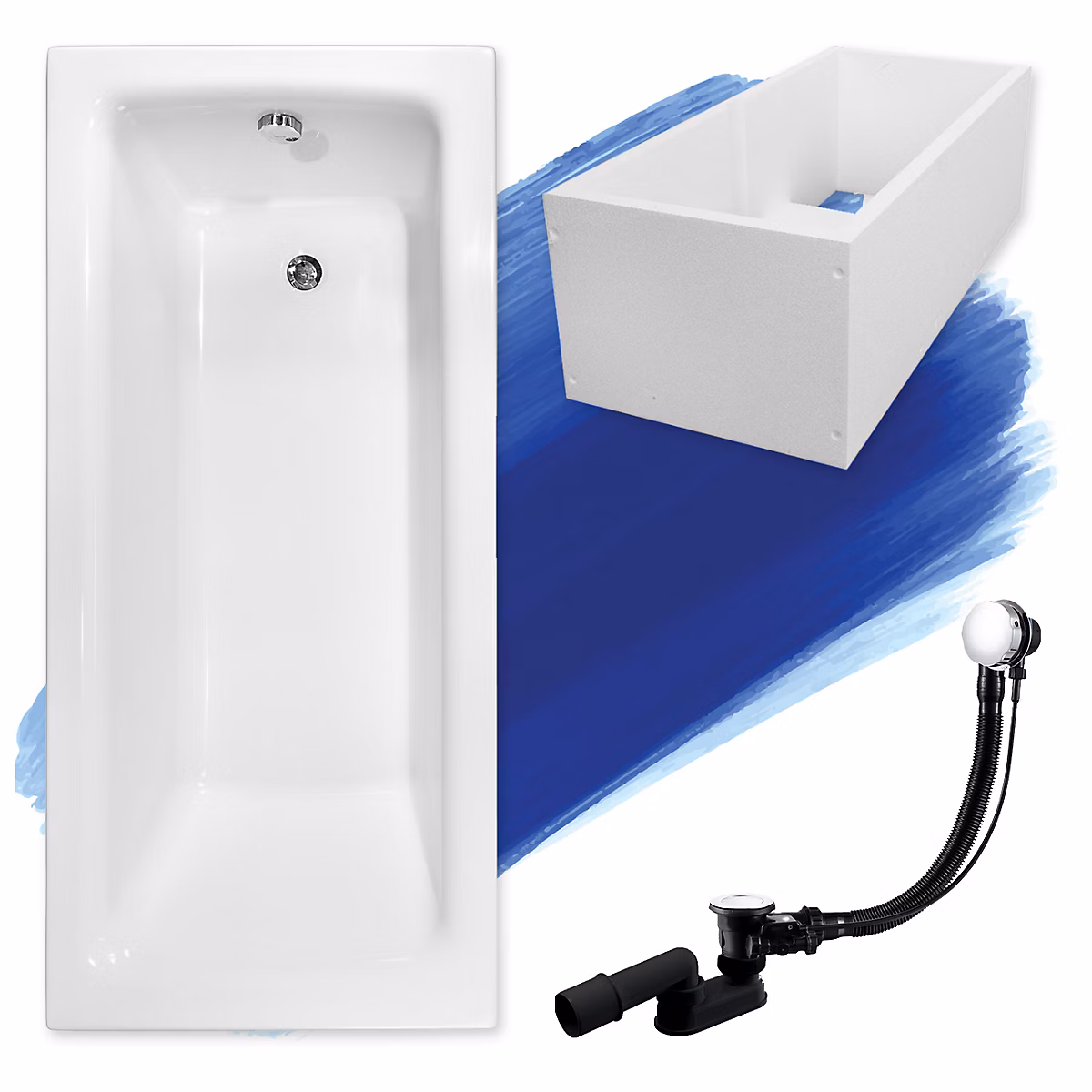 Baignoire rectangulaire 150 x 70 TALIA acrylique blanc + Support stabilisateur en polystyrène + Pieds + Vidage à chromé | Baignoire