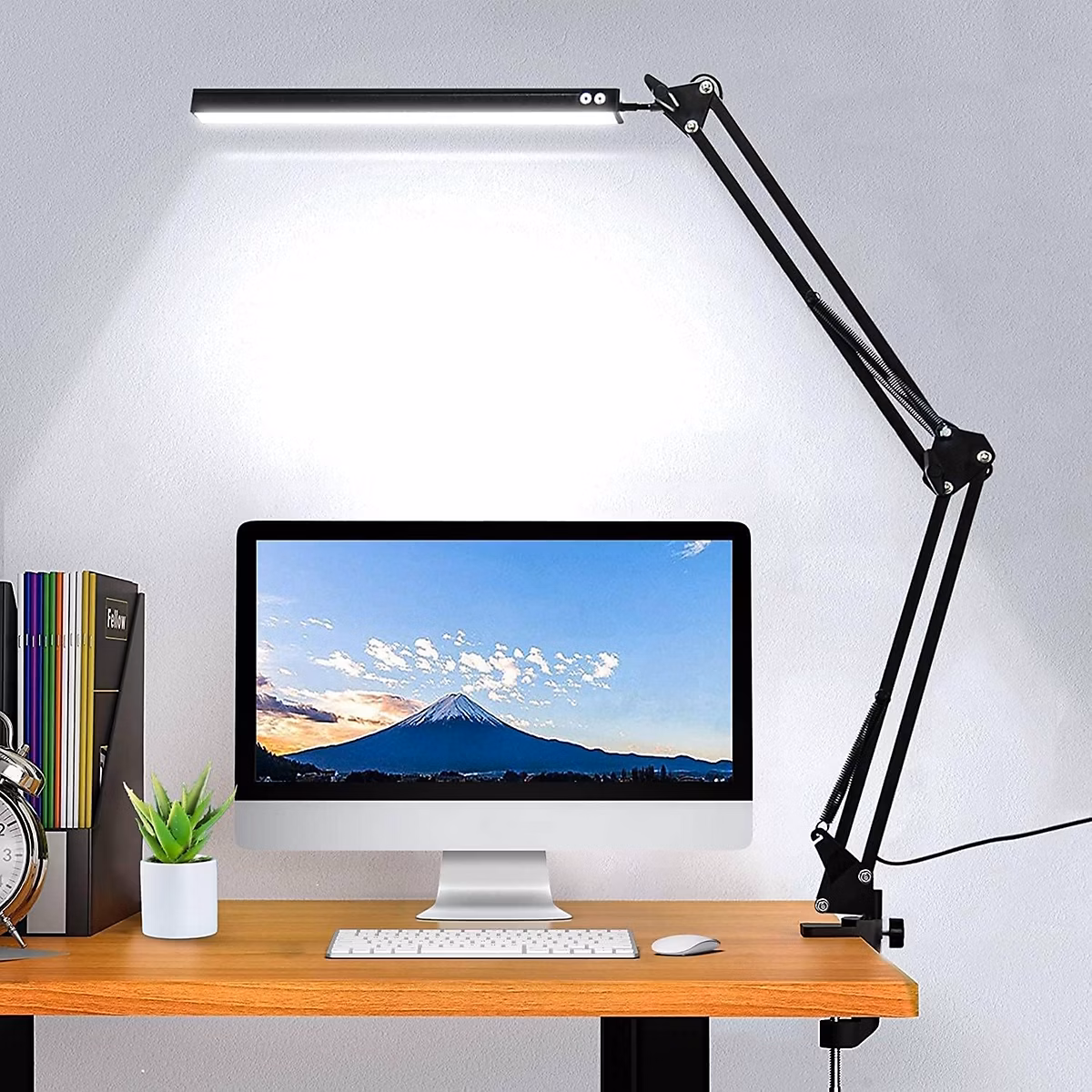 BASHLWUA Lampe de bureau LED – lampe à bras oscillant, avec luminaire, intensité variable, 3 modes de couleur et 10 luminosité régl