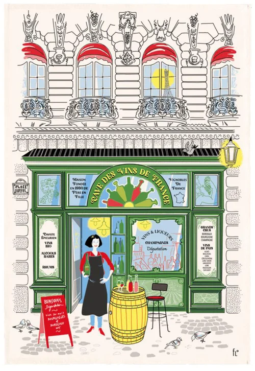 Torchon en coton écru décor façade de caviste Winkler - 48 x 72 cm
