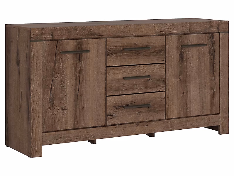 Commode Buffet à 2 portes et 3 tiroirs – coloris Chêne marron foncé, Longueur 160 x Profondeur 45 x Hauteur 85 cm