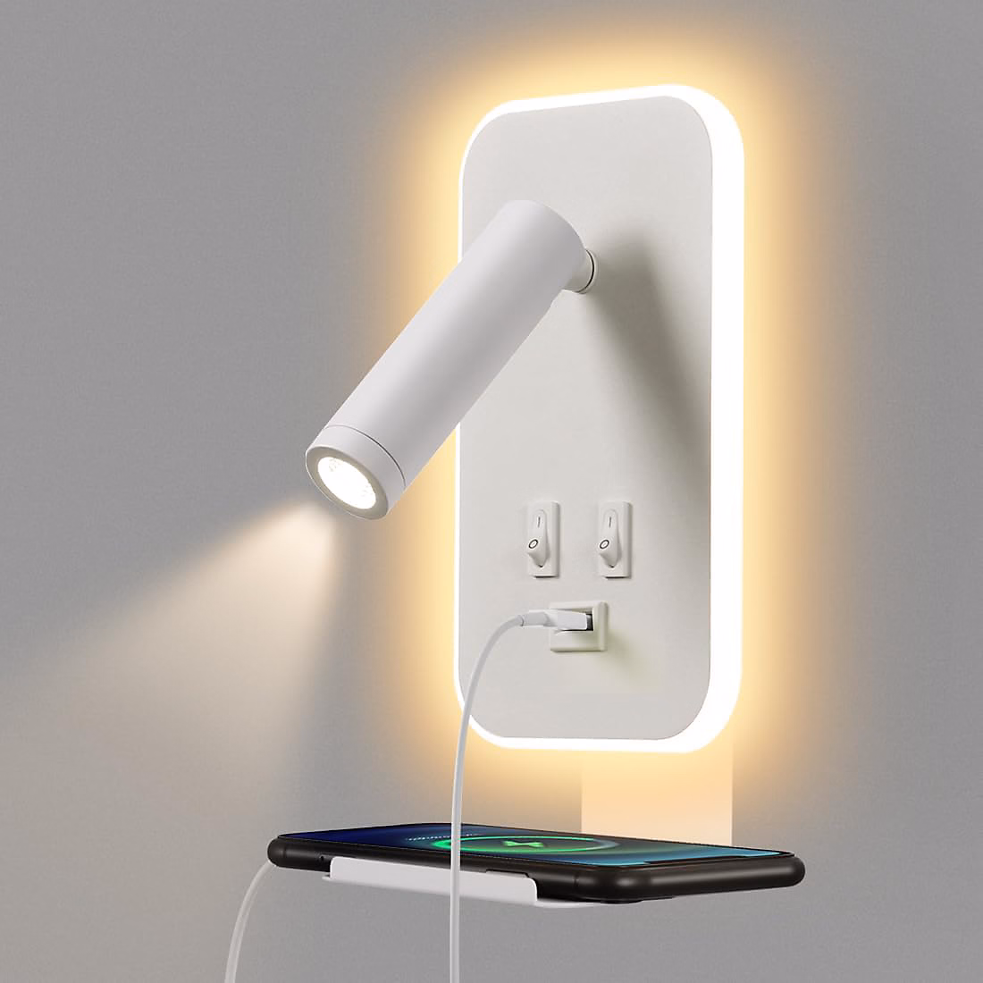 BASHLWUA Applique murale LED blanche | lampe de chevet avec interrupteur – avec port de chargement USB et plateau pour téléphone – lu