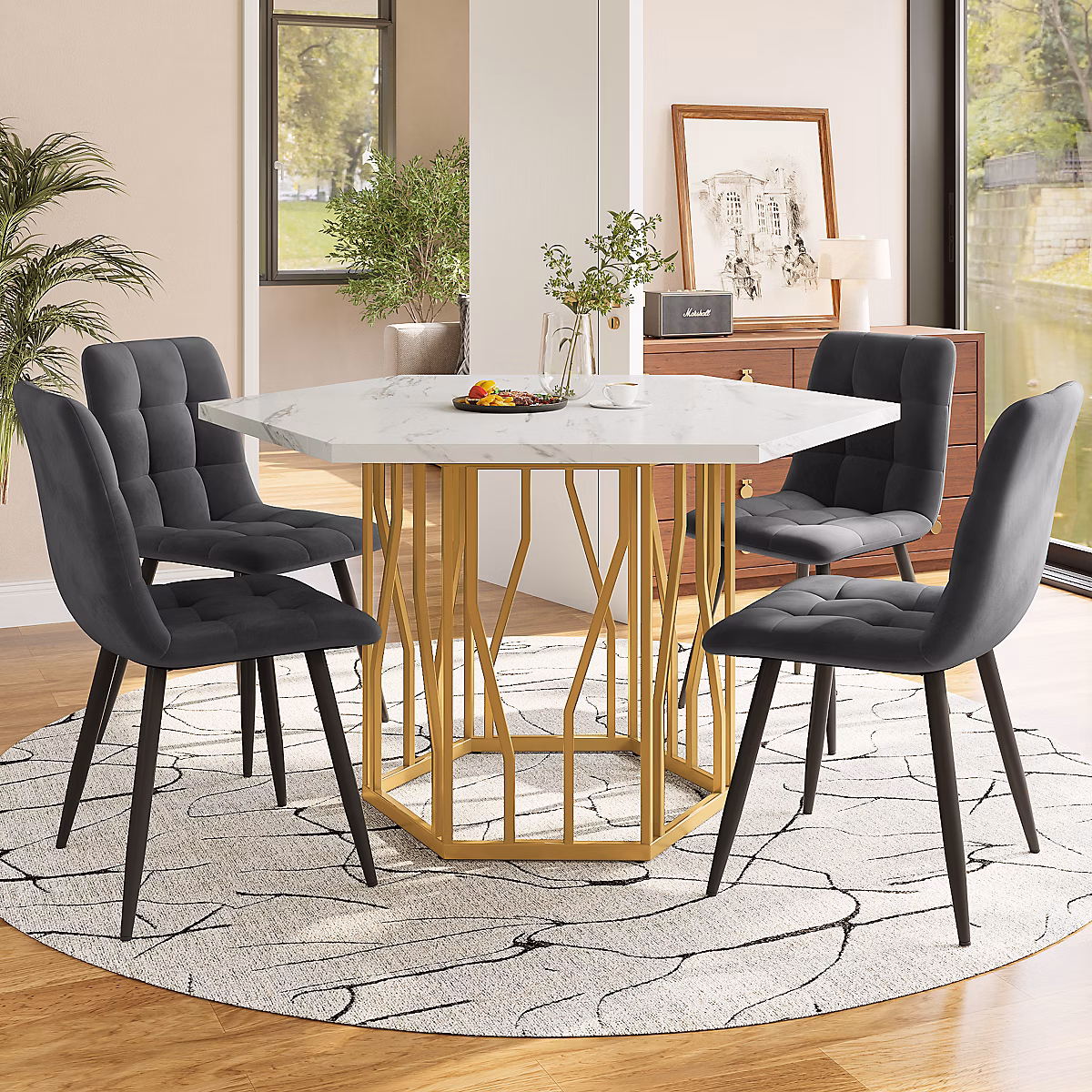 Ensemble table et chaises 115 – 5 × 100 × 75 cm avec 4 chaises | table hexagonale marbrée MDF et chaises velours gris