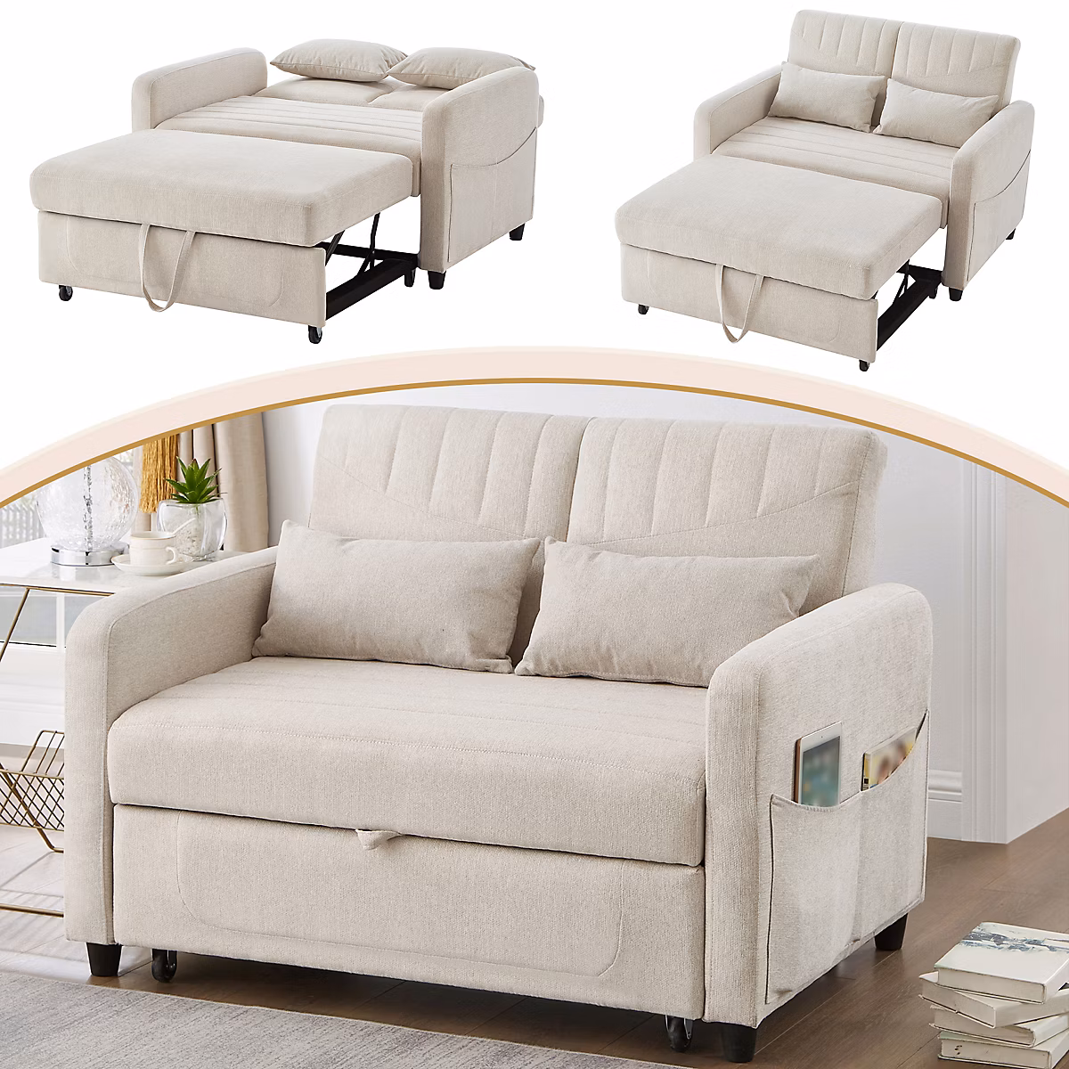 Canape 2 places convertible 166 × 95 cm en tissu coton lin | dossier 3 positions – structure bois metal – beige