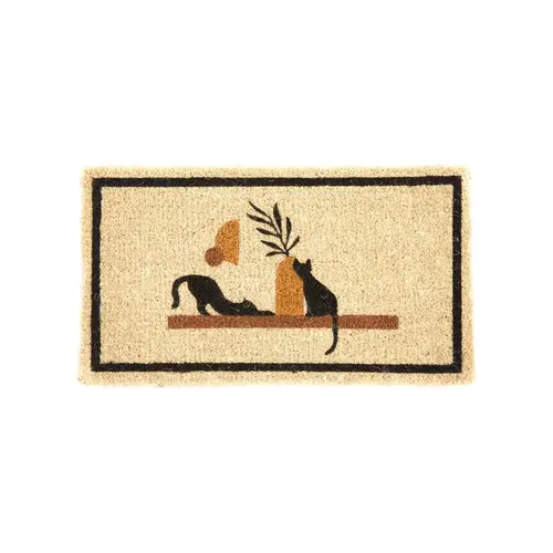 Paillasson en fibre de coco motif 2 chats sur étagère - 72 x 40 cm