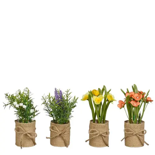 Plante artificielle fleurie en pot de jute - Ø 5 x H 15,5 cm