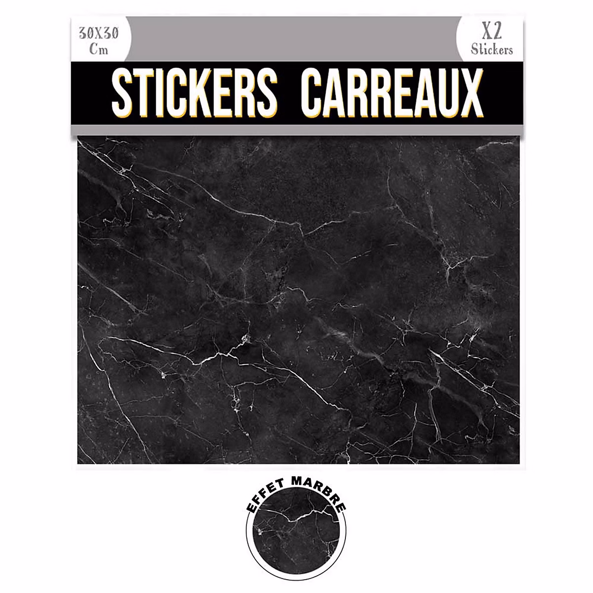 Ensemble de 2 stickers carrés effet marbre foncé Noir – L. 30 x l. 30 x H. 0.1 cm