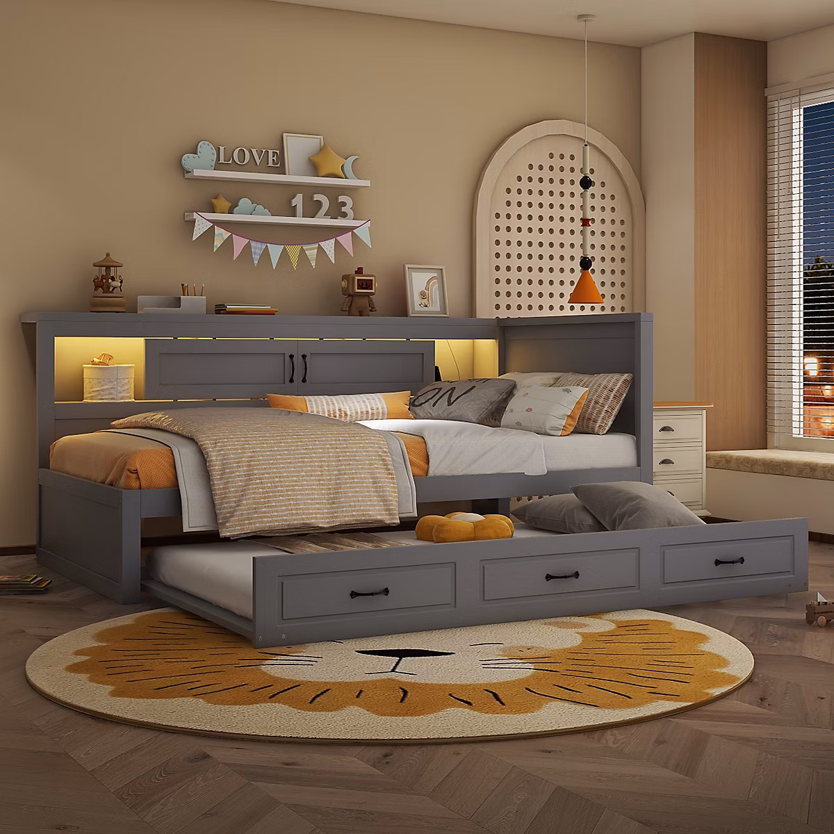 Canapé 3 places convertible 200 × 90 × 85 cm avec couchage d'appoint en tissu et coffre de rangement