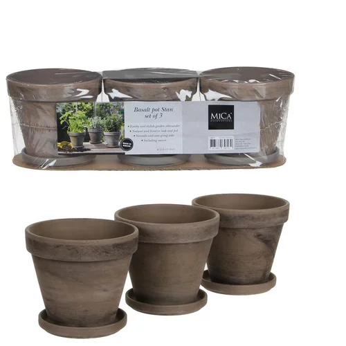 Ensemble de 3 pots en terre cuite gris basalt avec soucoupe Stan - Ø 13,5 x H 12 cm