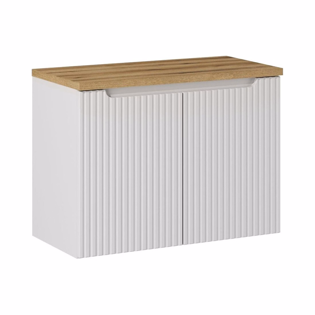 Ensemble de salle de bain VANO blanc 80cm : meuble sous vasque à placards rainuré et plan pour vasque aspect chene clair – Réf. WBPCUFYBB6903012433