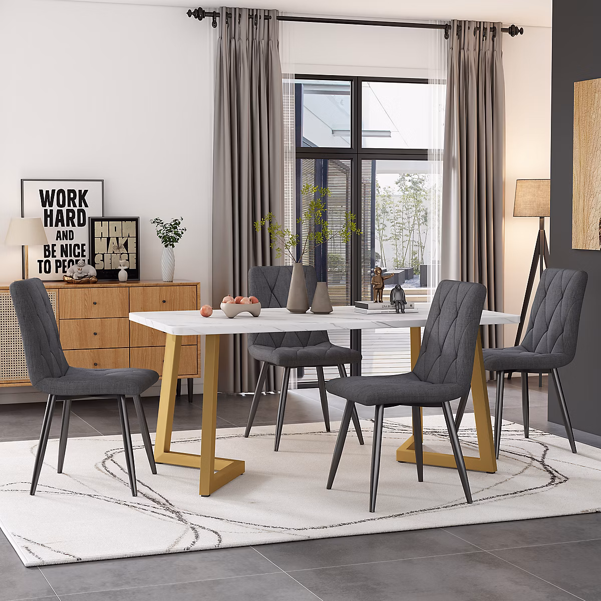 Ensemble table et chaises 117 × 68 × 75 cm avec 4 chaises | rectangulaire – assise rembourrée et piètement métal doré