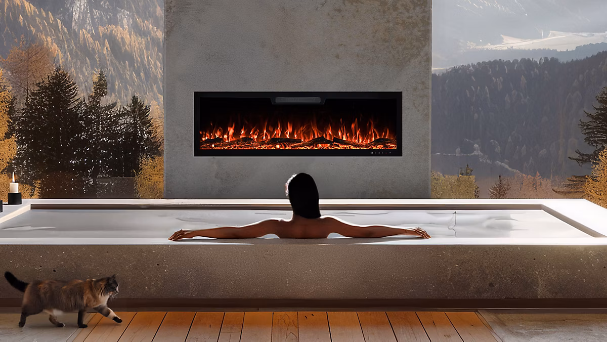 Cheminée électrique AFLAMO Elite 128 – murale ou encastrable, 128 × 46 × 13 cm, cheminée LED avec chauffage 750/1500 W