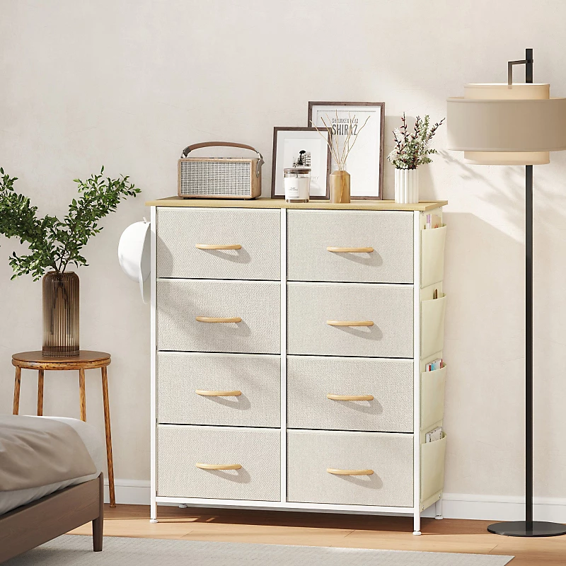 Meuble – Commode beige à 8 tiroirs en tissu avec structure en acier