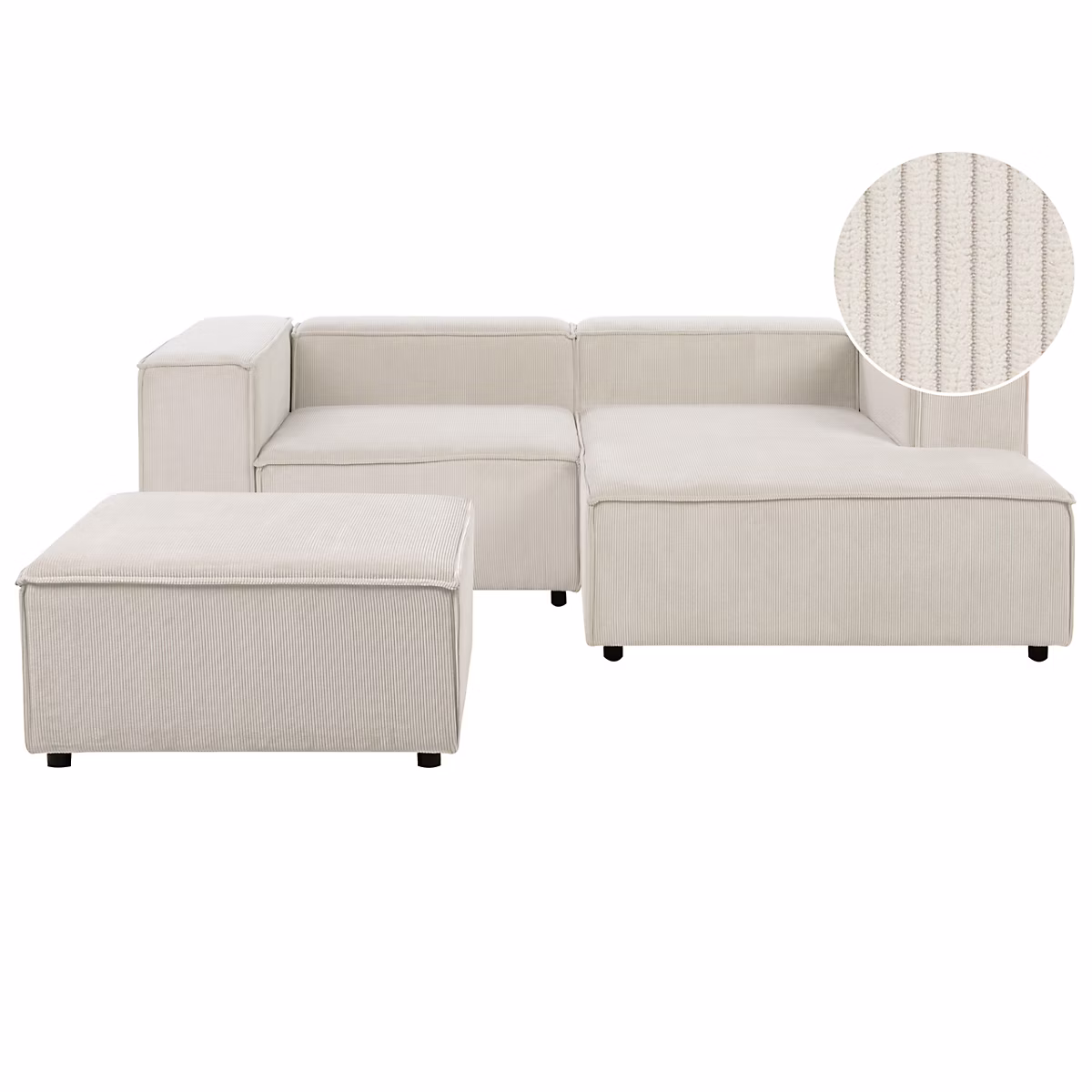 Canapé d'angle modulable 2 places ARDAL avec ottoman Velours côtelé Blanc cassé Côté gauche | Canapé