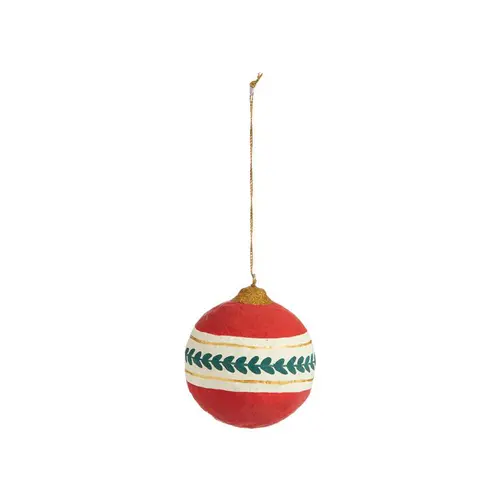 Décoration à suspendre boule en coton mâché rouge avec décor feuilles vertes - 8 cm
