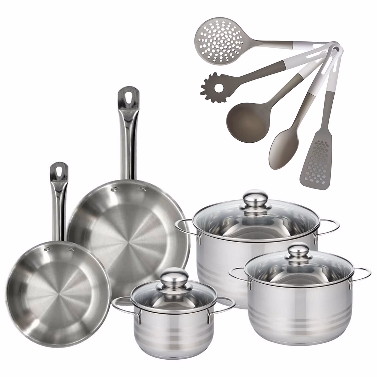 Matériel de cuisson – Batterie de cuisine avec 3 faitouts 16/20/24 cm et 2 poêles 20/24 cm et 5 ustensiles de cuisine Fackelmann Etherna Brillant Vario
