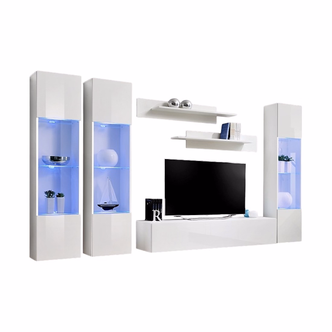 Composition murale FLY C3 Blanc brillant Meuble TV suspendu avec colonnes vitrées LED et étagères Design moderne – Réf. VILNYWDUM6887469906