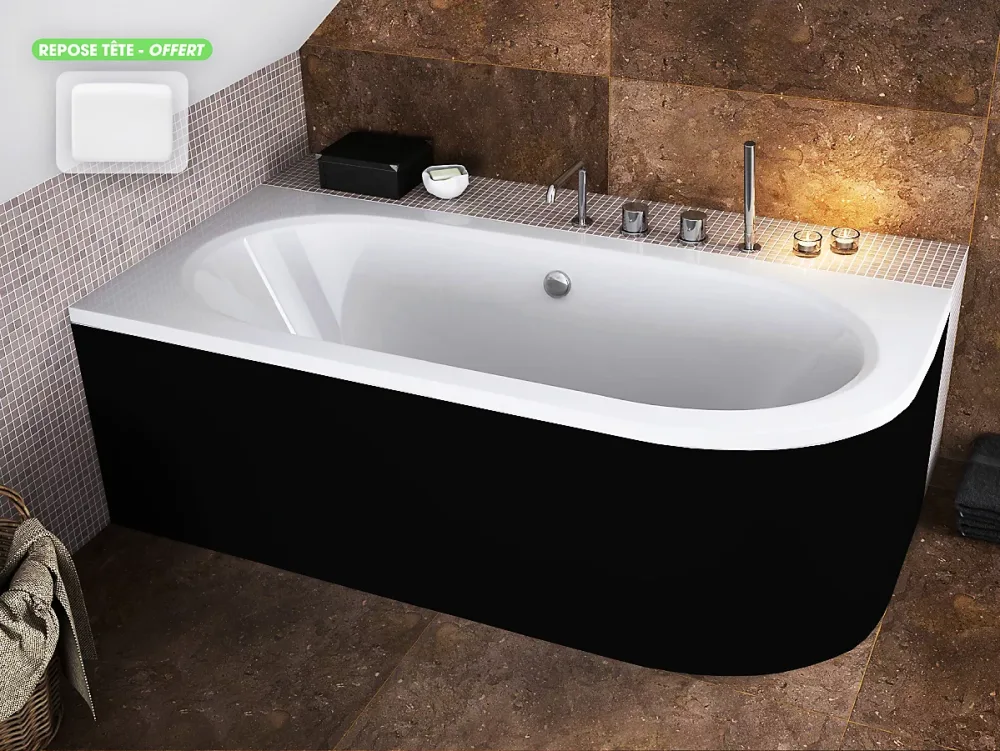Baignoire d'angle – avec tablier noir Mat et repose tête offert, AVITA, 170 × 75 cm, Gauche