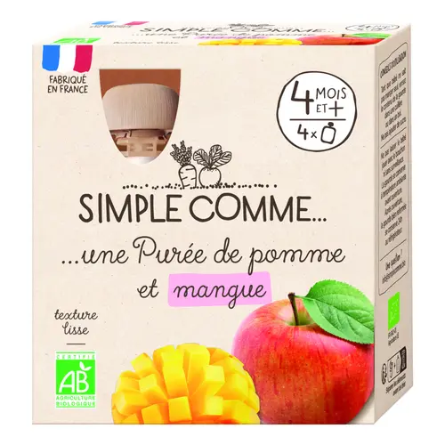 Pack de 4 gourdes de purée de pomme et mangue bio Simple comme - 4 x 85 g