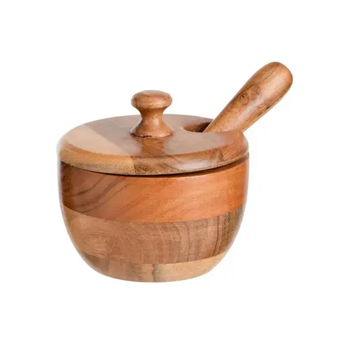 Mortier avec couvercle et pilon en bois de manguier naturel - Ø 12 x H 10 cm