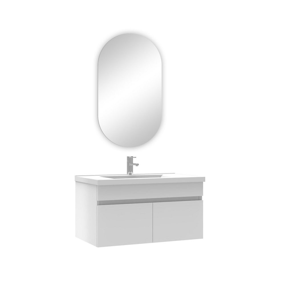 Ensemble meubles Salle de Bain simple vasque 80cm + miroir ovale Blanc – Réf. IOGCSNPDN8663789188