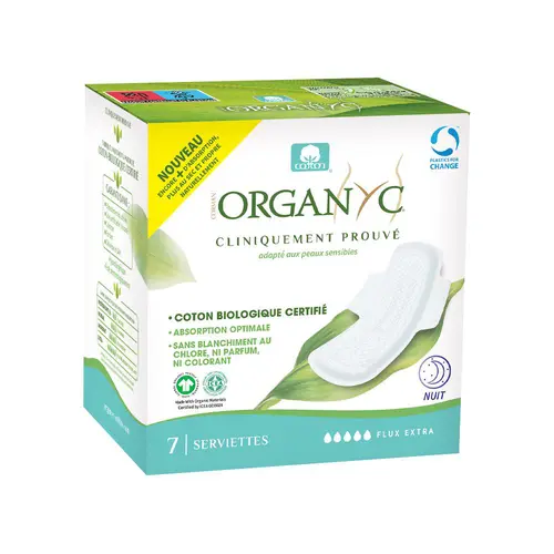 Serviettes périodiques extra nuit en coton bio et pochette individuelle Organyc - les 7 unités