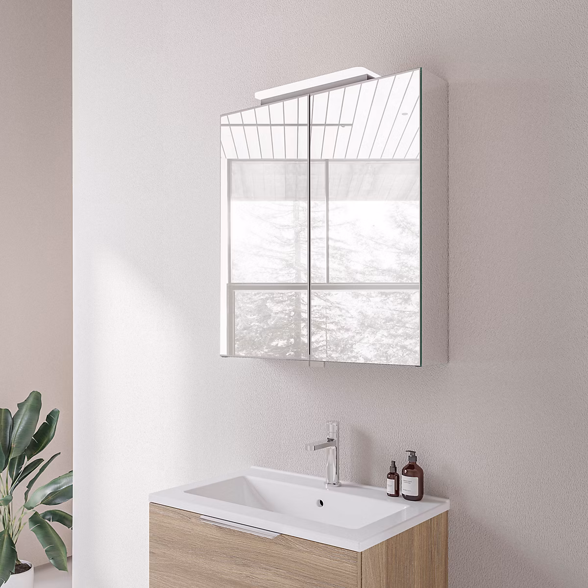 Amoire de toilette suspendue 60 × 19 × 72 – 5cm (LxPxH), 2 portes mirroir, éclairage LED + prise électrique, Charnières mobiles, NEO