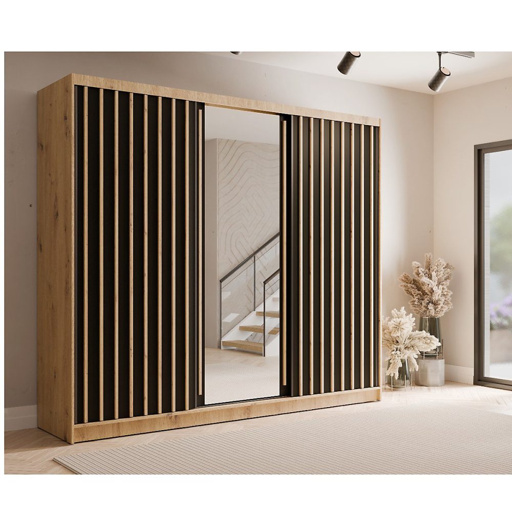 Armoire penderie – Armoire coulissante moderne bois et noir 250cm CELIA