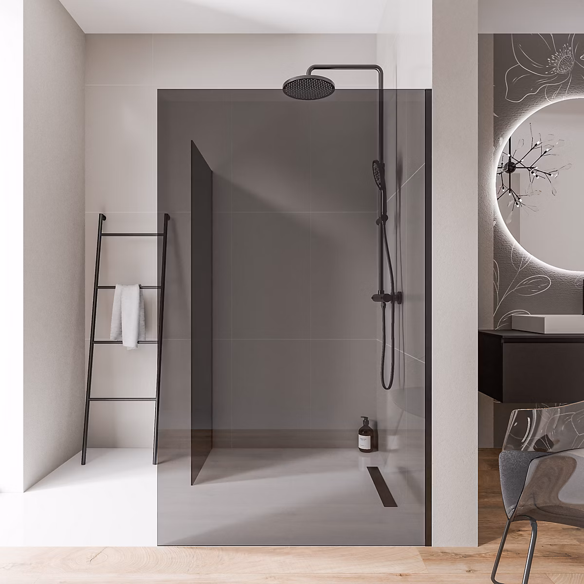 2 Parois de douche italienne d'angle 130 × 200cm + 100cm | verre fumé NANO 10mm – profilé mural inox noir mat – sans profilé sol – EX102